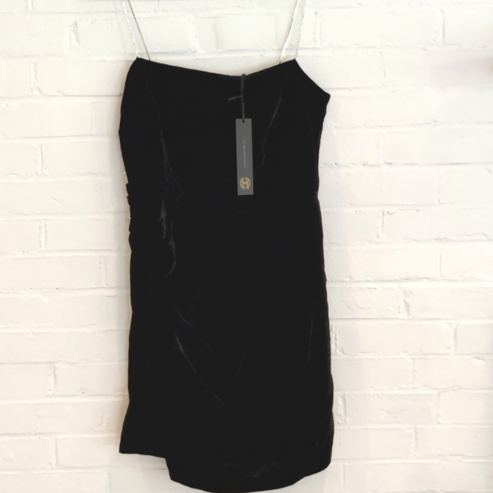 House Of Harlow 1960 Black Velvet Viscose FauxWrap Rhinestone Straps Dress NWT S